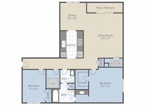 2 Bedroom 1.5 Bathroom Floor Plan at The Element @ St Andrews, Mishawaka, IN